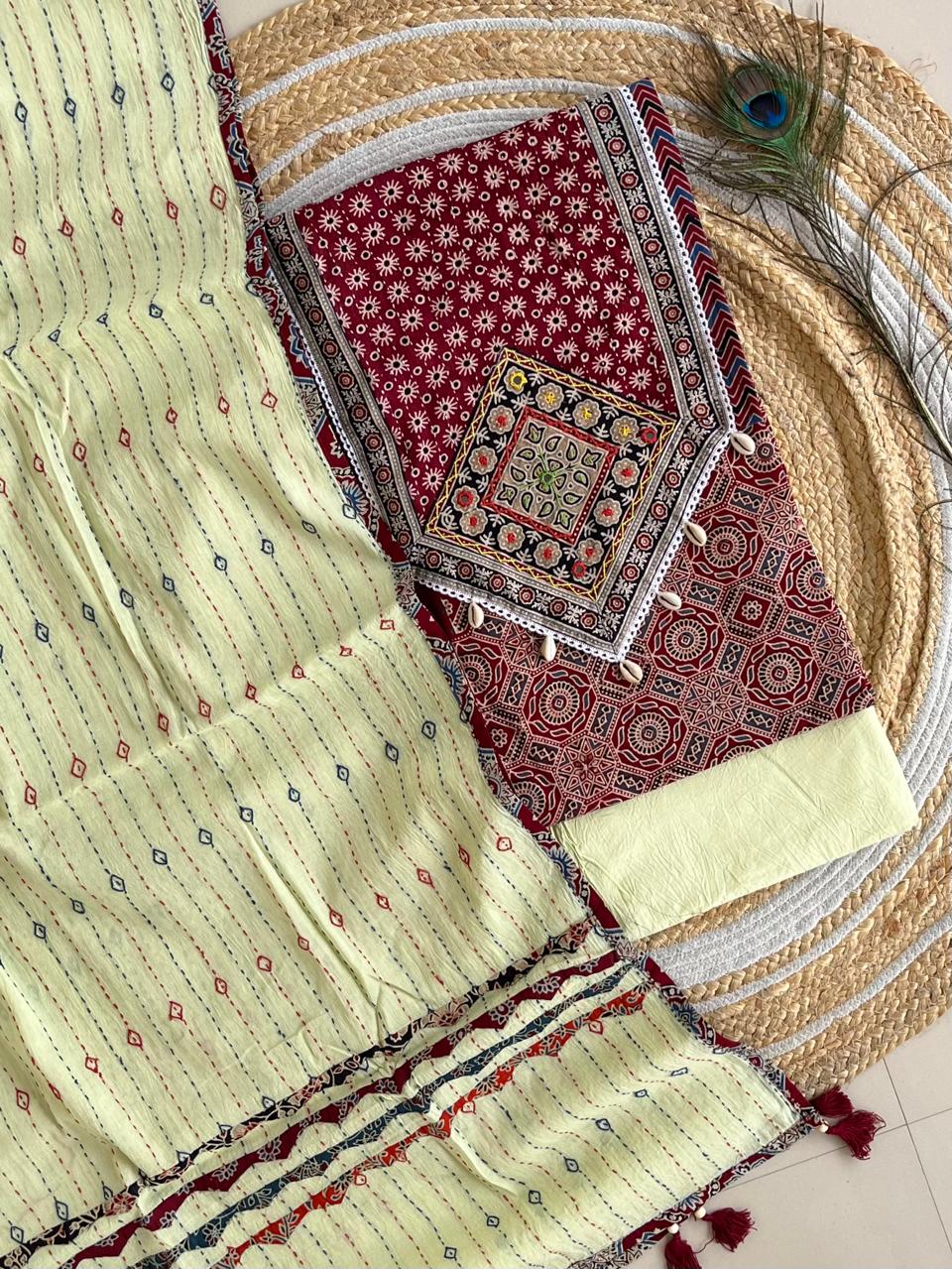 Ajarakh print Suit pcs with patch work and patch work dupatta*