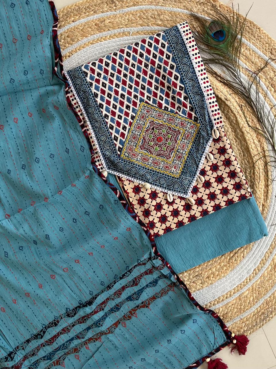 Ajarakh print Suit pcs with patch work and patch work dupatta*