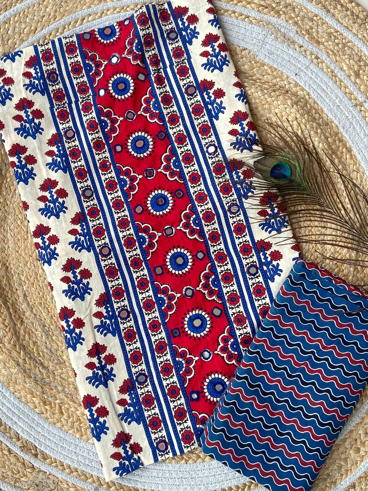 Introducing Ajrakh panel print top and printed bottom combos

With full *panel mirror work*

Exclusive Handwork 

Ajrakh print top and bottom