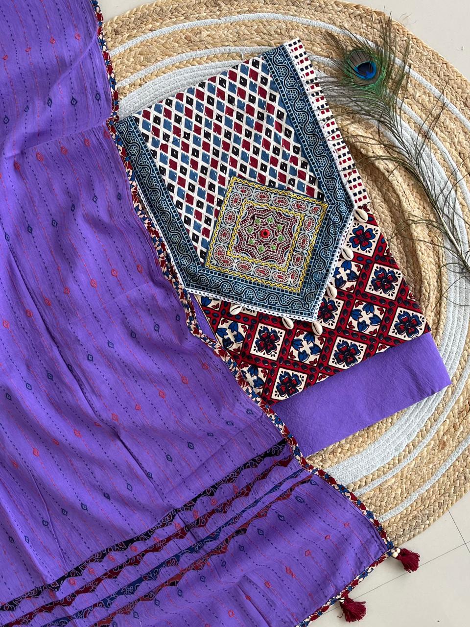 Ajarakh  print Suit pcs with patch work and patch work dupatta*