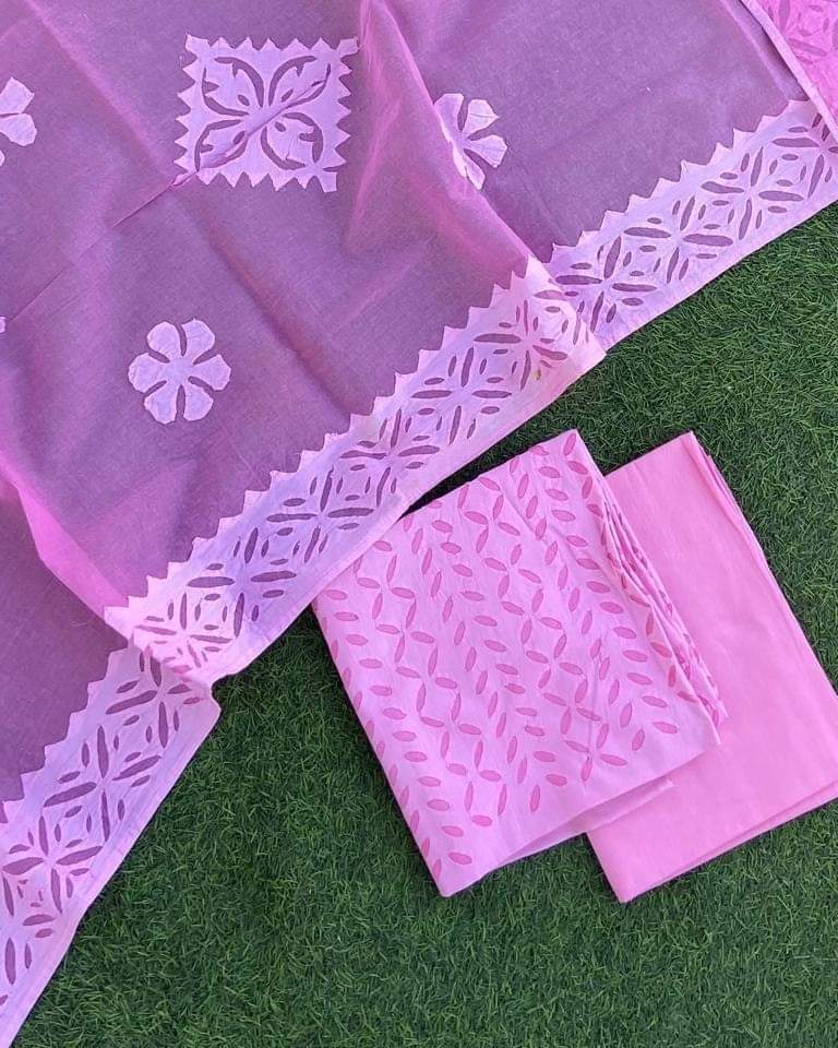 Applique Work Dress Meterial Cotton with Organdy Cotton fabric Best Quality Soft fabric

Top fabric 2.5 meter
Dupatta 2.5 meter
Bottom fabric 2.5 meter