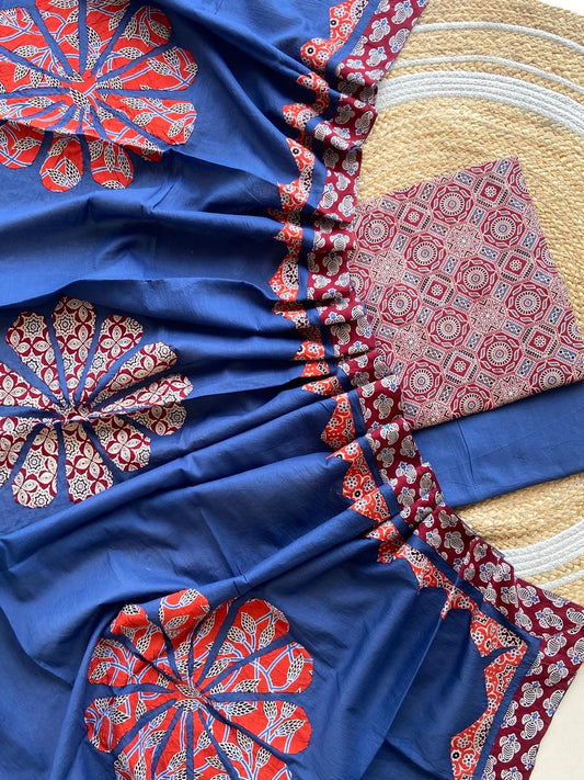 Ajarakh  print Suit pcs with patch work and patch work dupatta*