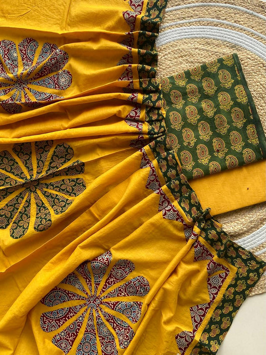 Ajarakh  print Suit pcs with patch work and patch work dupatta*
