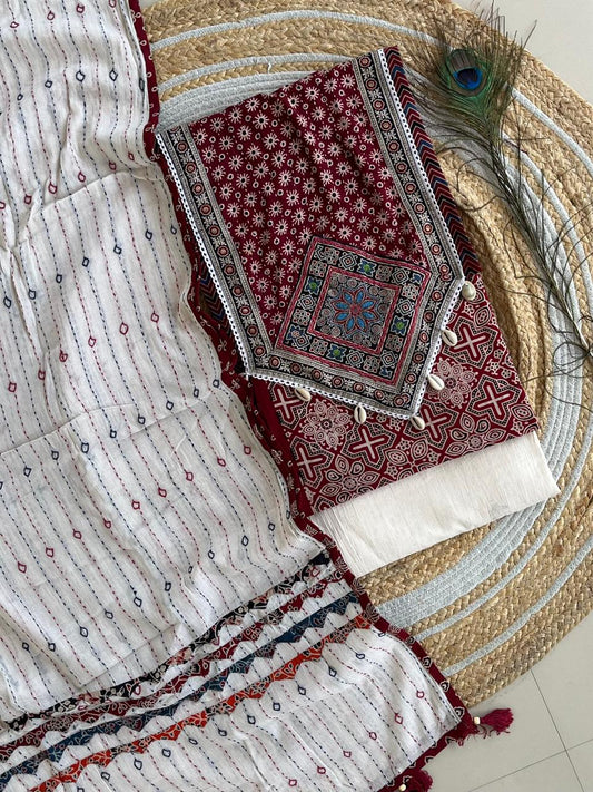 Ajarakh  print Suit pcs with patch work and patch work dupatta*