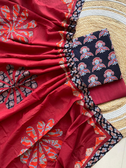 Ajarakh  print Suit pcs with patch work and patch work dupatta*