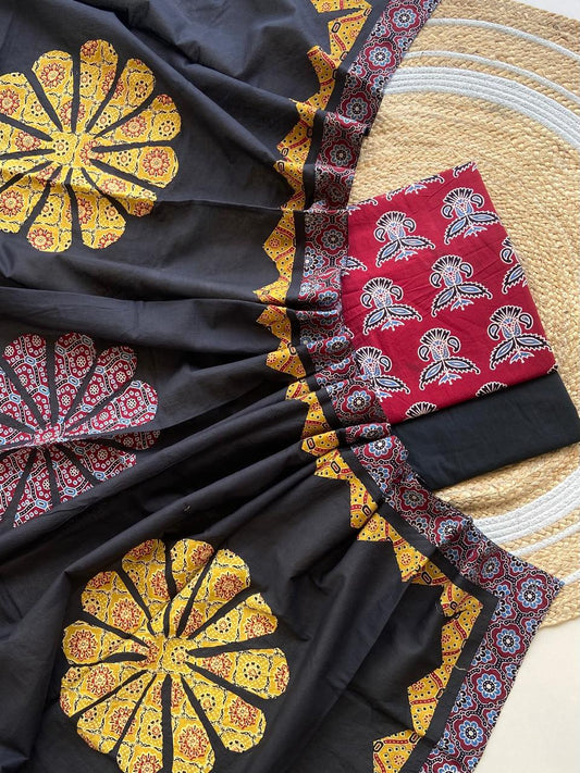 Ajarakh  print Suit pcs with patch work and patch work dupatta*