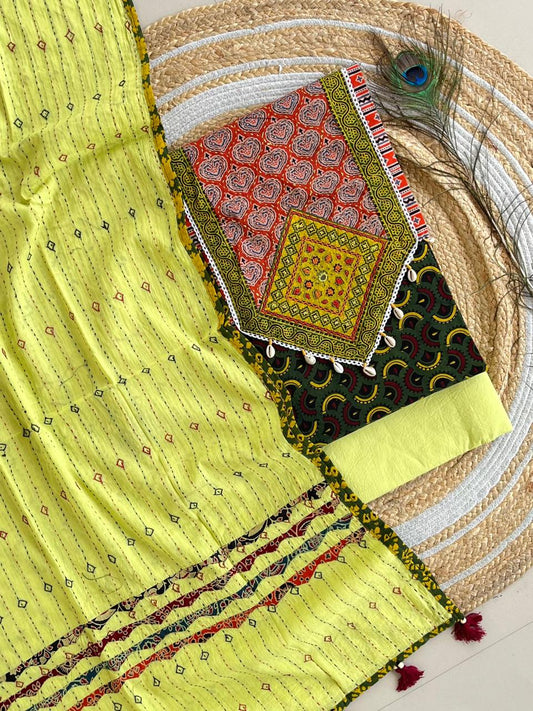 Ajarakh  print Suit pcs with patch work and patch work dupatta*