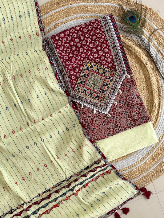 Ajarakh  print Suit pcs with patch work and patch work dupatta*