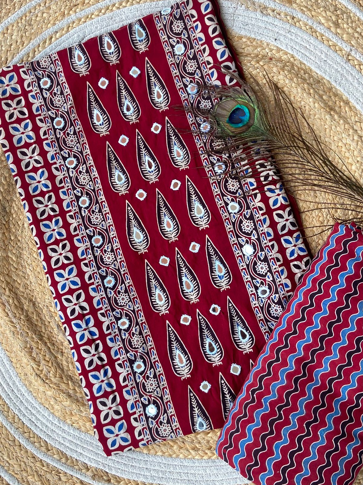 Introducing Ajrakh panel print top and printed bottom combos

With full *panel mirror work*

Exclusive Handwork 

Ajrakh print top and bottom