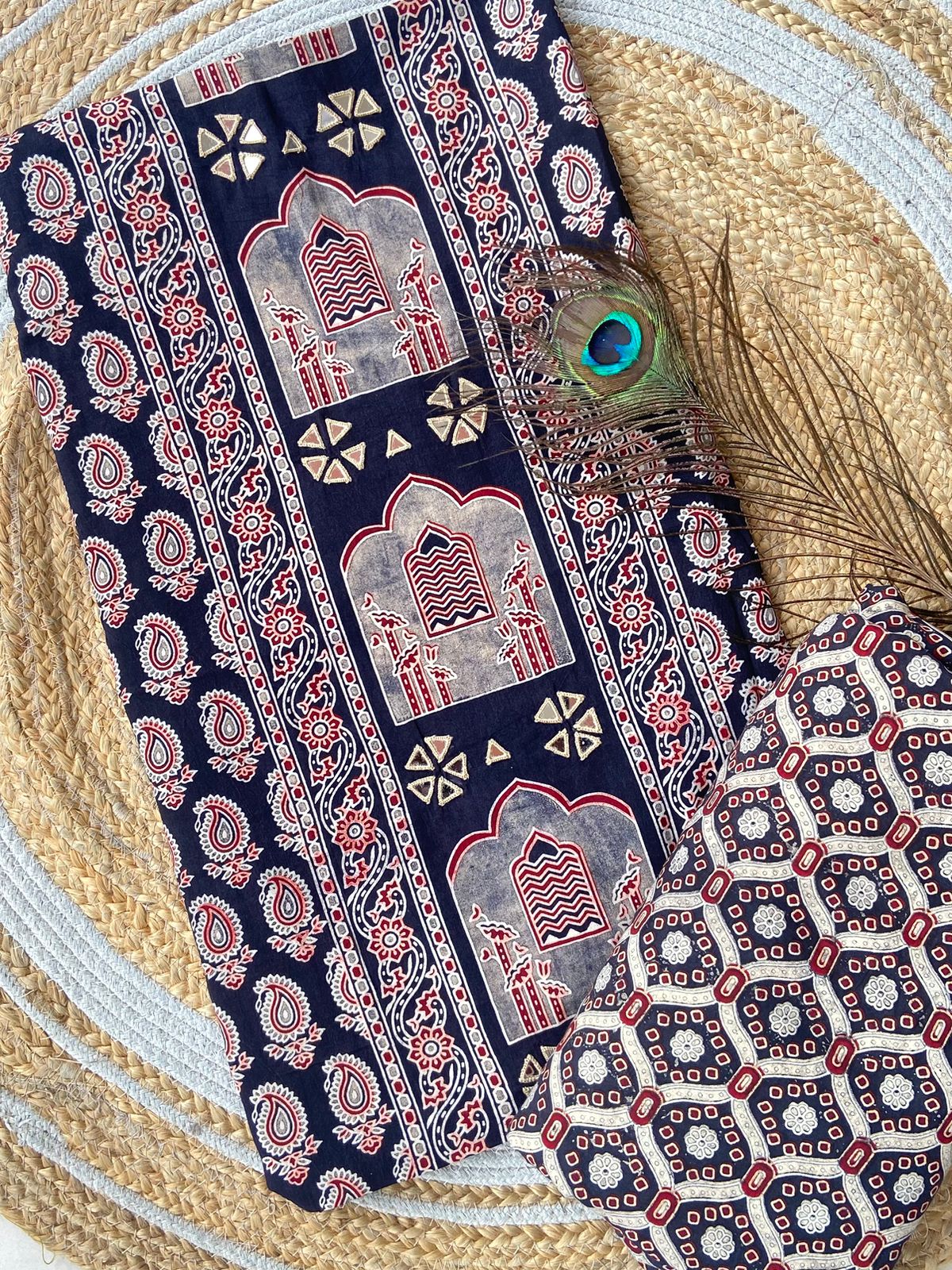 Introducing Ajrakh panel print top and printed bottom combos

With full *panel mirror work*

Exclusive Handwork 

Ajrakh print top and bottom