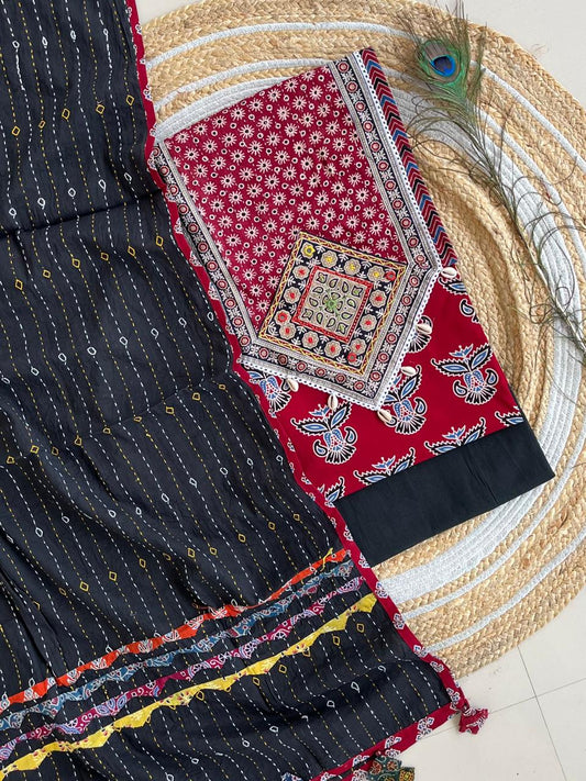 Ajarakh  print Suit pcs with patch work and patch work dupatta*