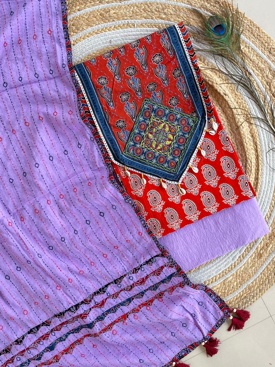 Ajarakh  print Suit pcs with patch work and patch work dupatta*