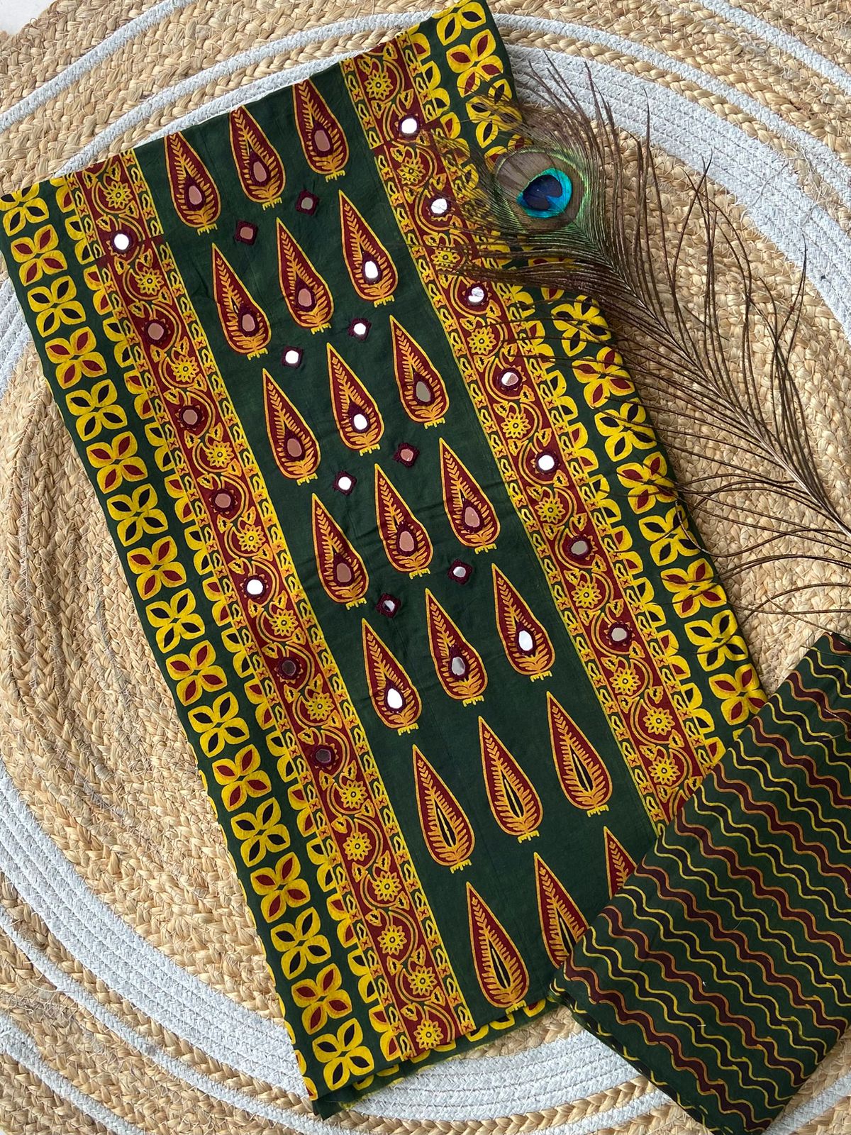 Introducing Ajrakh panel print top and printed bottom combos

With full *panel mirror work*

Exclusive Handwork 

Ajrakh print top and bottom