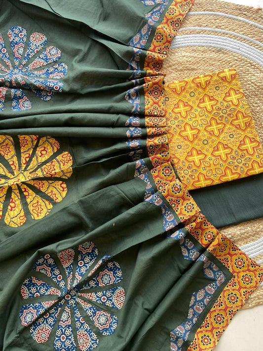 Ajarakh  print Suit pcs with patch work and patch work dupatta*