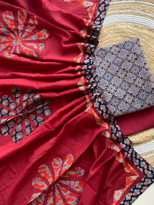 Ajarakh  print Suit pcs with patch work and patch work dupatta*