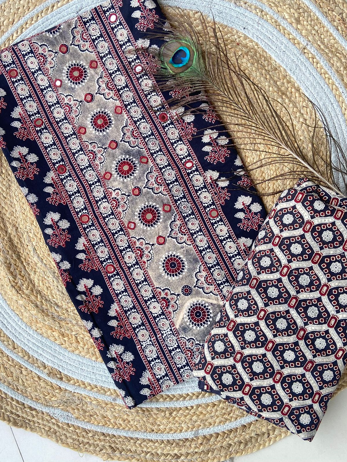 Introducing Ajrakh panel print top and printed bottom combos

With full *panel mirror work*

Exclusive Handwork 

Ajrakh print top and bottom
