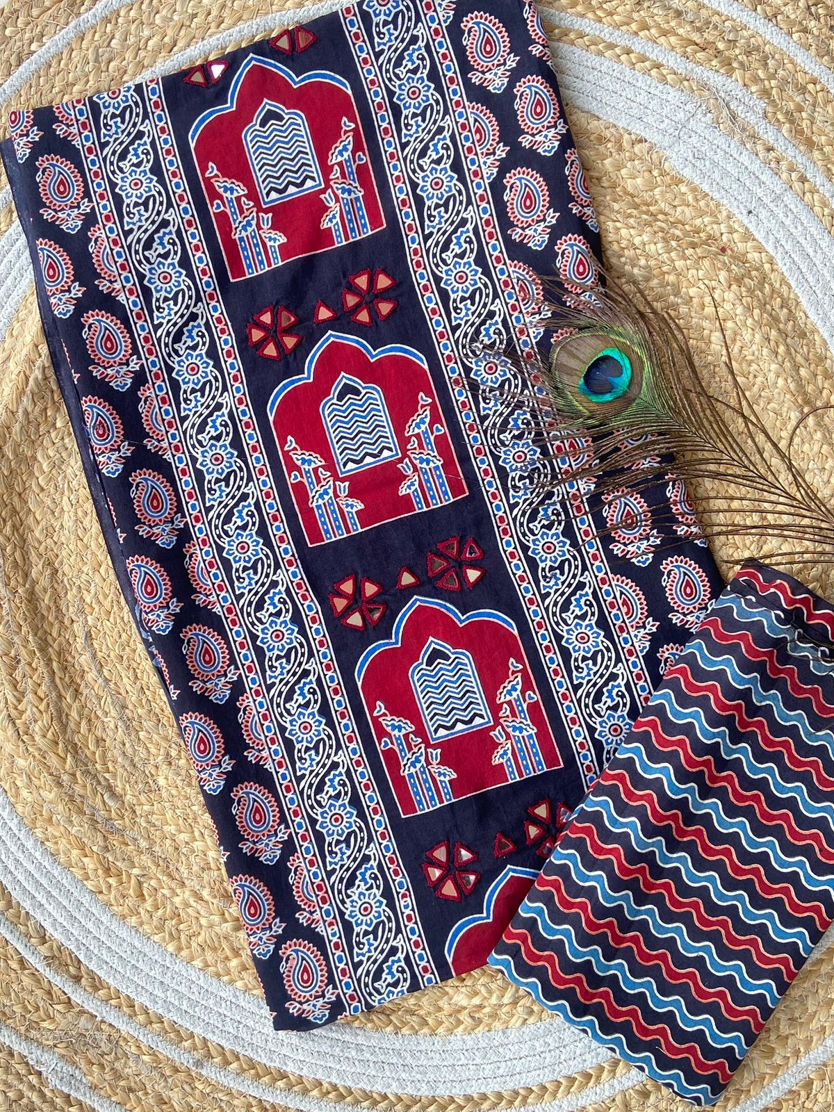 Introducing Ajrakh panel print top and printed bottom combos

With full *panel mirror work*

Exclusive Handwork 

Ajrakh print top and bottom