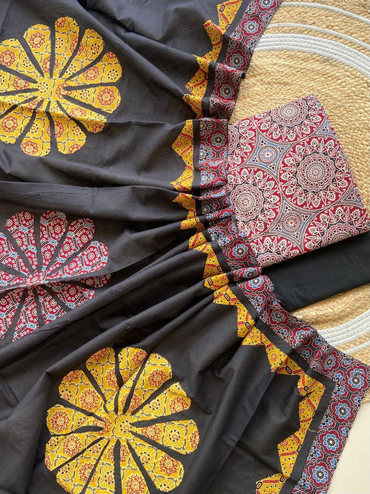 Ajarakh  print Suit pcs with patch work and patch work dupatta*