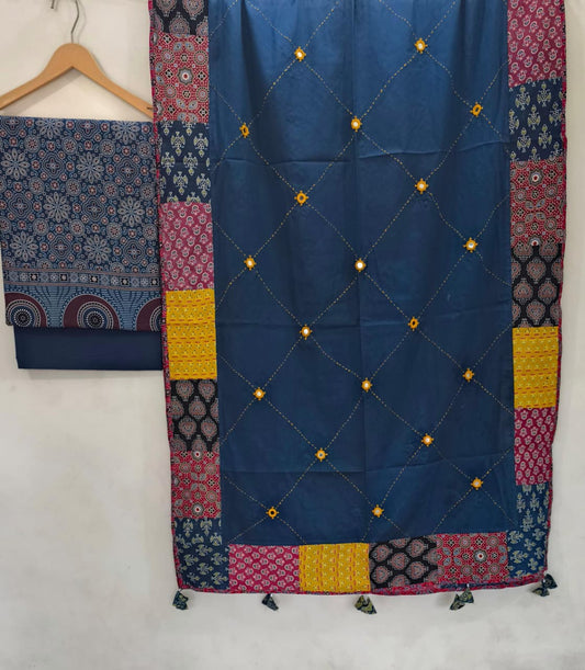 Ajarkh Print Top With plain Bottom fabric And Ajarkh Patch with original Mirror And Kantha Work Dupatta Best Quality