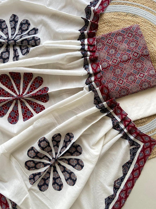 Ajarakh  print Suit pcs with patch work and patch work dupatta*