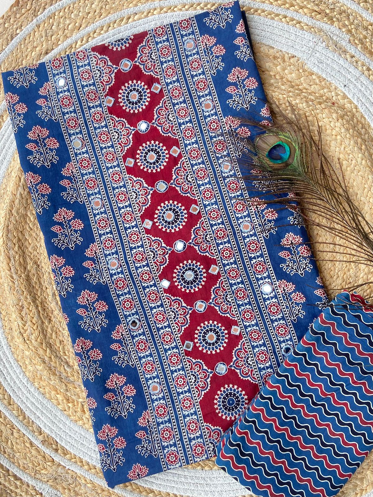 Introducing Ajrakh panel print top and printed bottom combos

With full *panel mirror work*

Exclusive Handwork 

Ajrakh print top and bottom