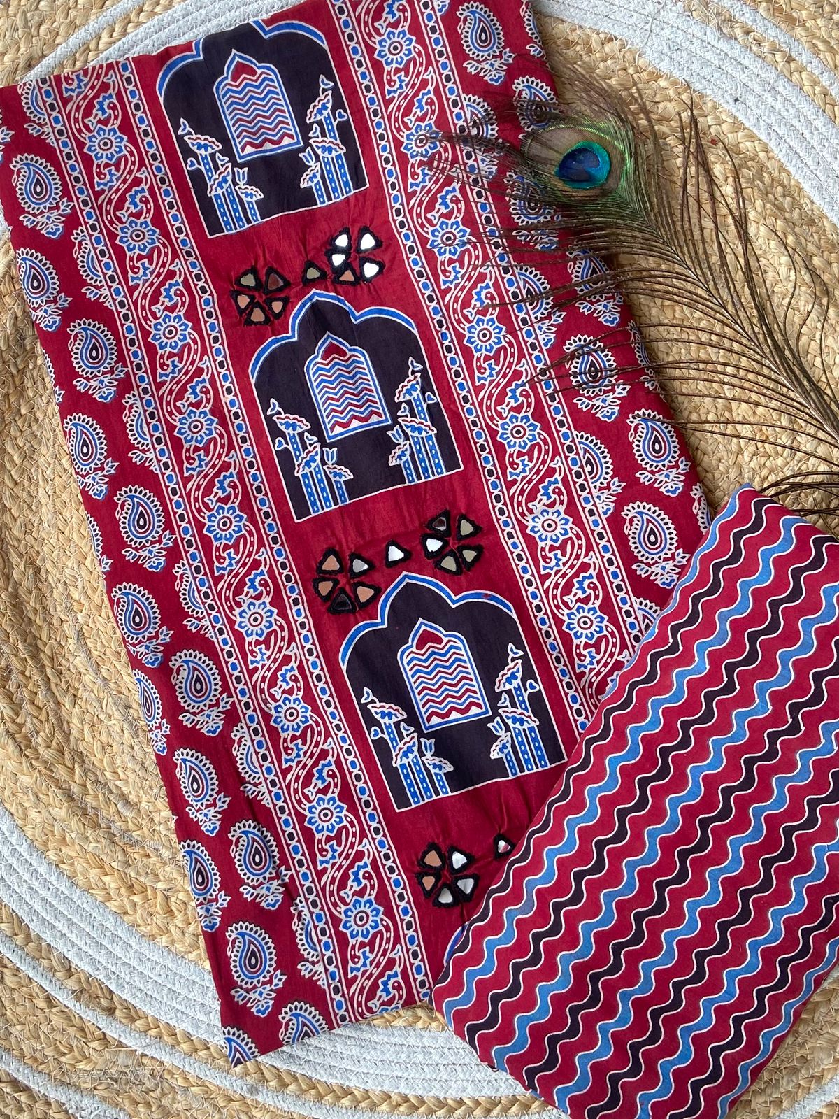 Introducing Ajrakh panel print top and printed bottom combos

With full *panel mirror work*

Exclusive Handwork 

Ajrakh print top and bottom