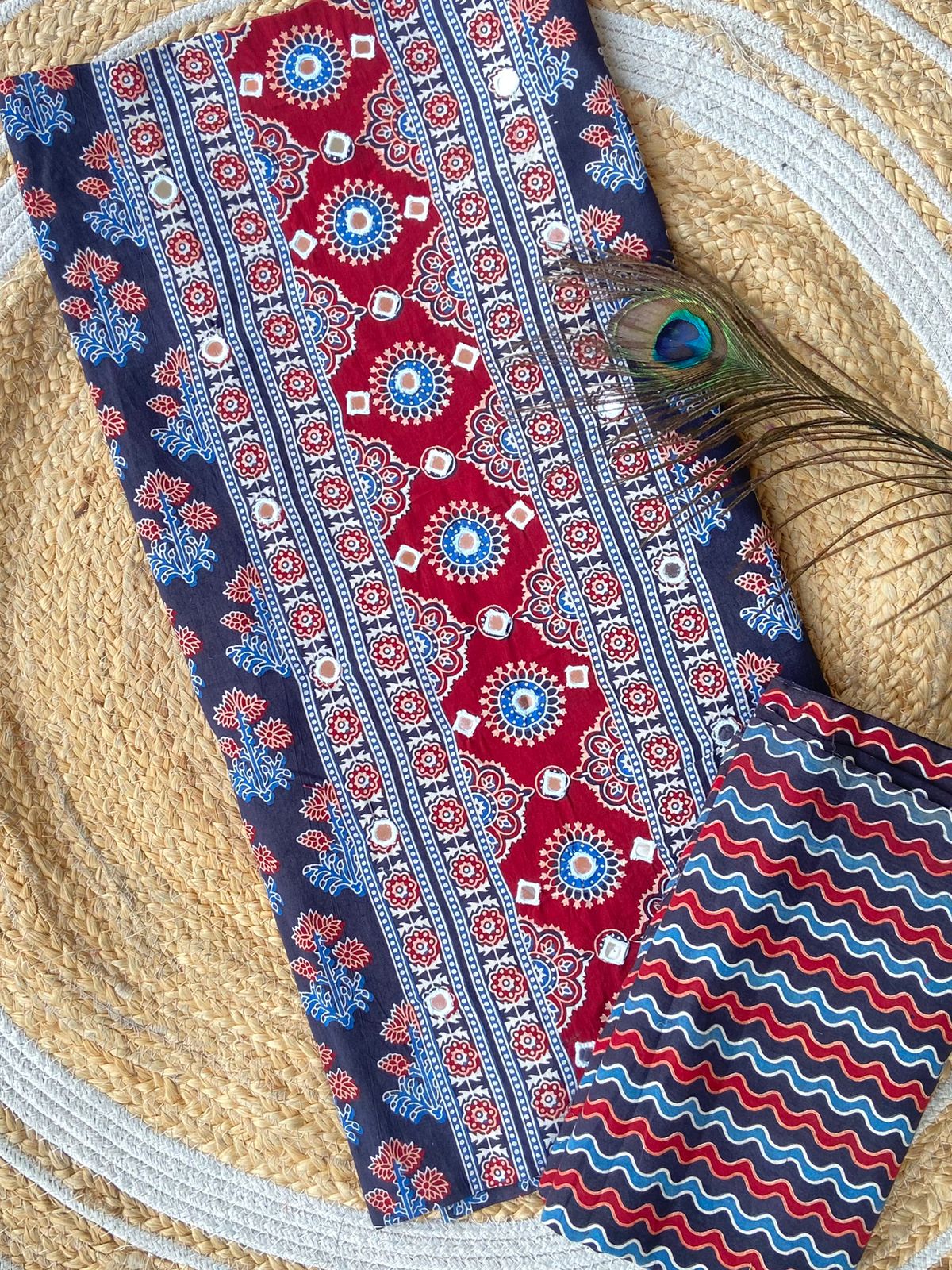 Introducing Ajrakh panel print top and printed bottom combos

With full *panel mirror work*

Exclusive Handwork 

Ajrakh print top and bottom