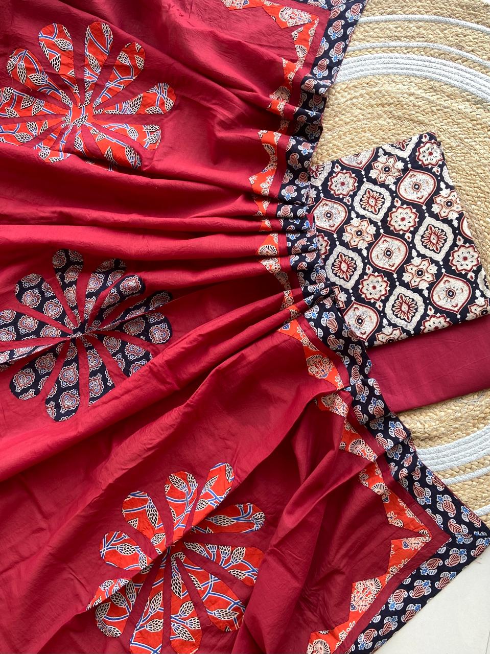 Ajarakh  print Suit pcs with patch work and patch work dupatta*