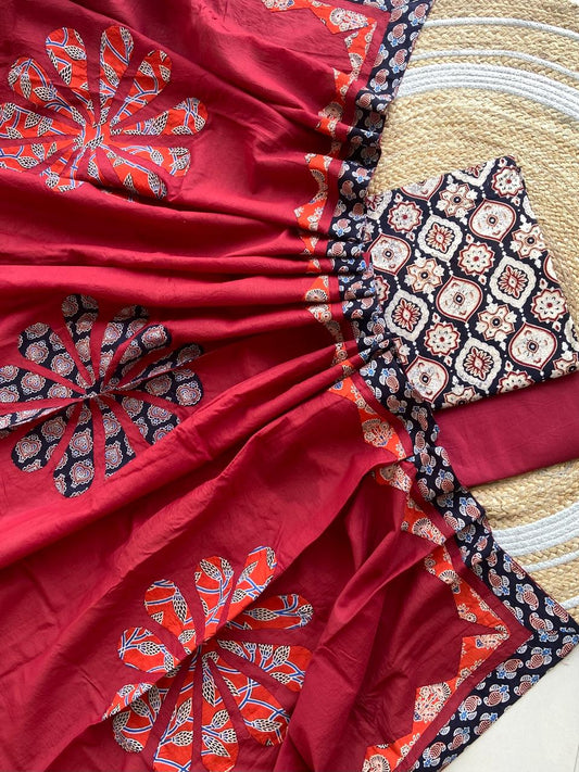 Ajarakh  print Suit pcs with patch work and patch work dupatta*