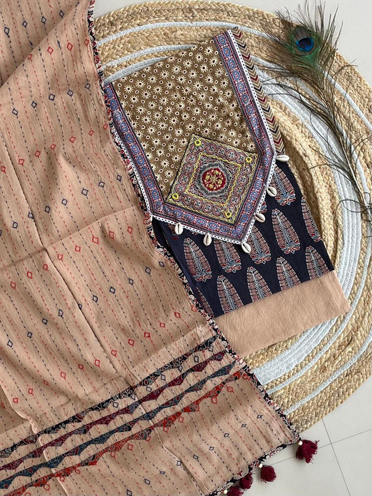 Ajarakh  print Suit pcs with patch work and patch work dupatta*