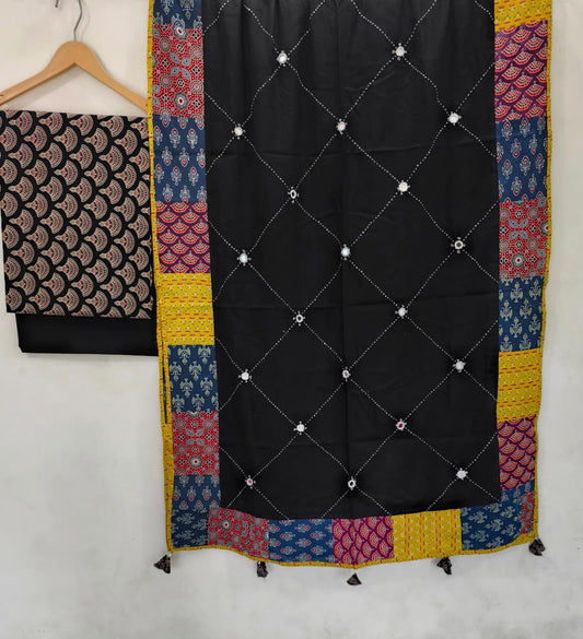 Ajarkh Print Top With plain Bottom fabric And Ajarkh Patch with original Mirror And Kantha Work Dupatta Best Quality