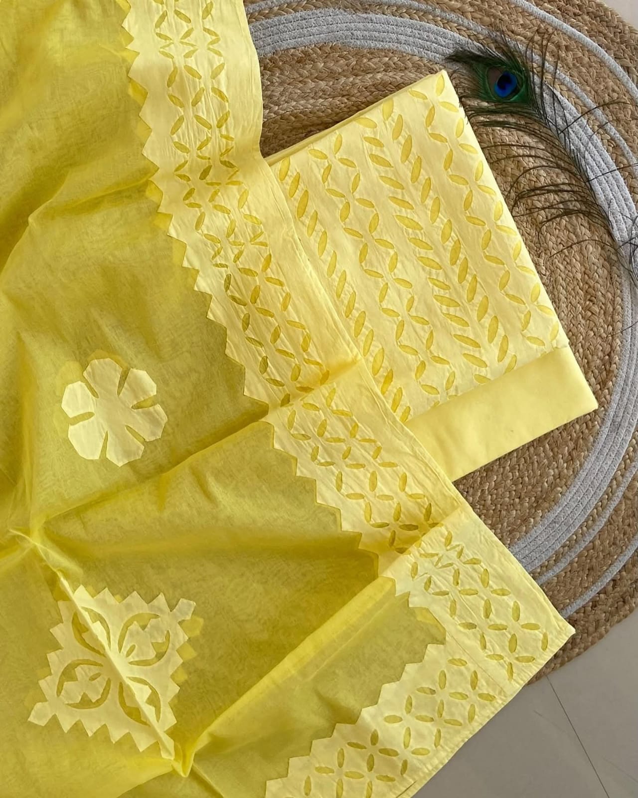 Applique Work Dress Meterial Cotton with Organdy Cotton fabric Best Quality Soft fabric

Top fabric 2.5 meter
Dupatta 2.5 meter
Bottom fabric 2.5 meter