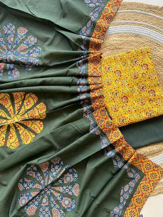Ajarakh  print Suit pcs with patch work and patch work dupatta*