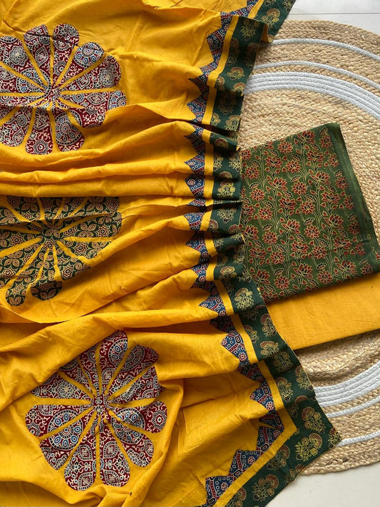 Ajarakh  print Suit pcs with patch work and patch work dupatta*