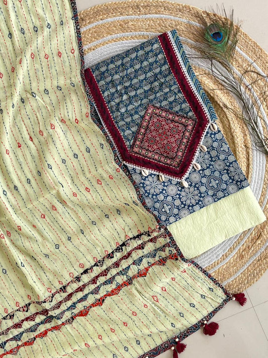 Ajarakh  print Suit pcs with patch work and patch work dupatta*