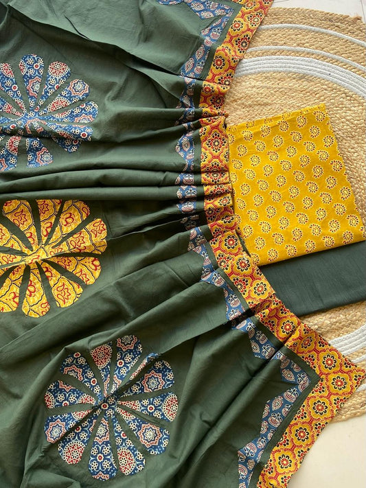 Ajarakh  print Suit pcs with patch work and patch work dupatta*